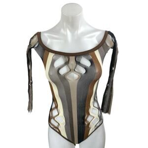 Fashion Nova Women's Multicolor Striped Cutout Long Sleeve Bodysuit Top Size S/M